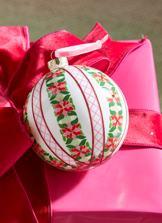 Raz 5" Poinsettia Stripe Glass Ball Christmas Ornament - Hollow Way Home