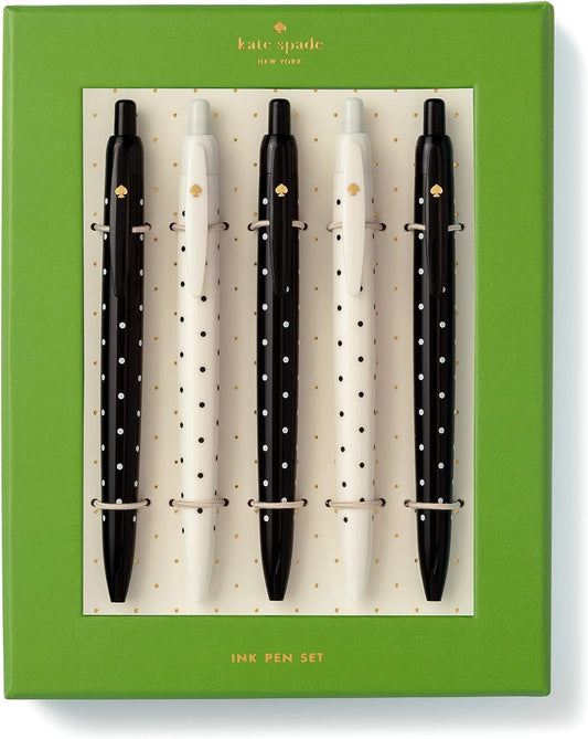 Kate Spade New York Black Ink Pen Set of 5, Polka Dot Retractable Pens, Cute Plastic Click Pens, Black Dots - Hollow Way Home