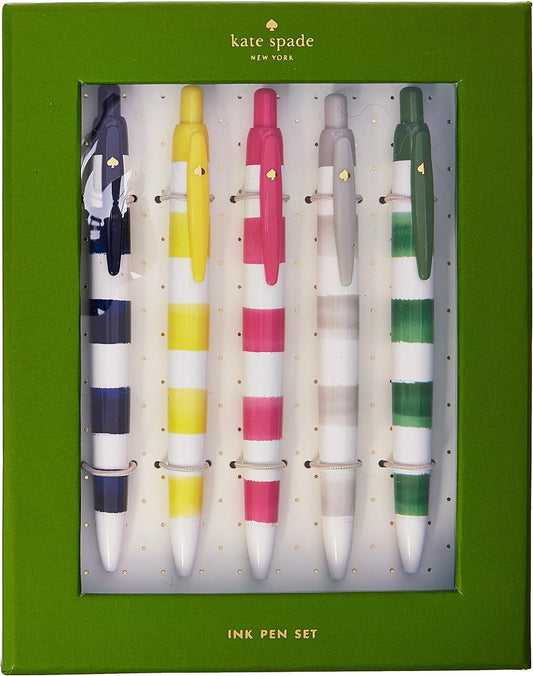 Kate Spade New York Black Ink Pen Set of 5, Smooth Plastic Click Pens, Rugby Stripe - Hollow Way Home