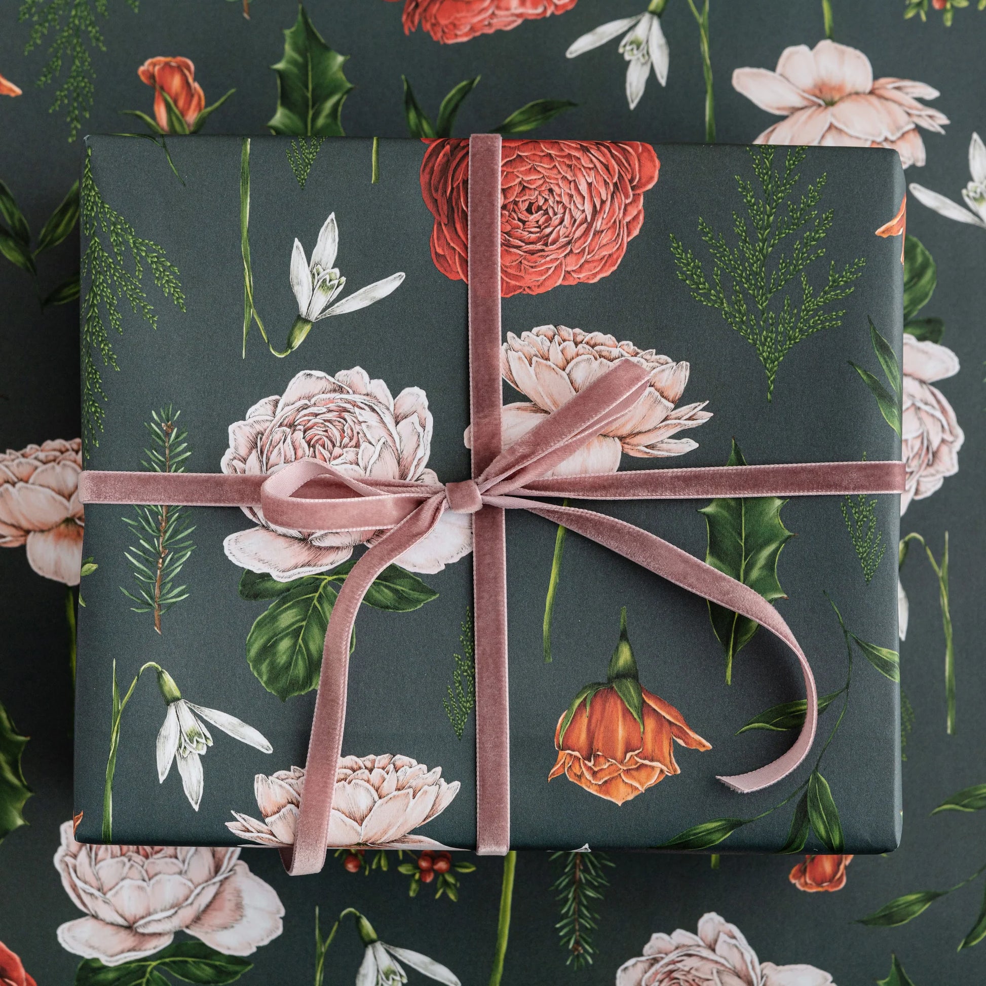 Berry Roses - Navy Christmas Gift Wrap - Hollow Way Home