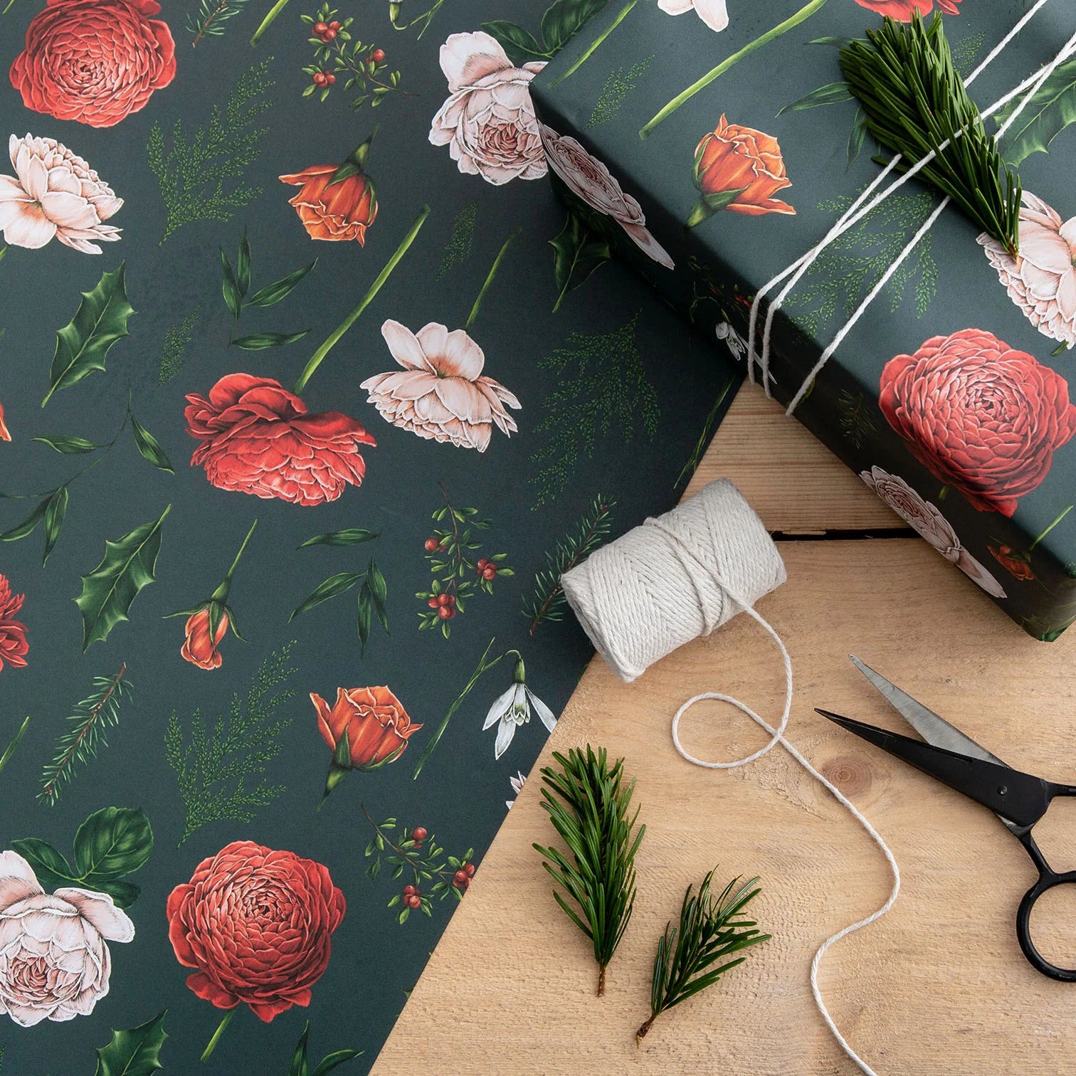Berry Roses - Navy Christmas Gift Wrap - Hollow Way Home