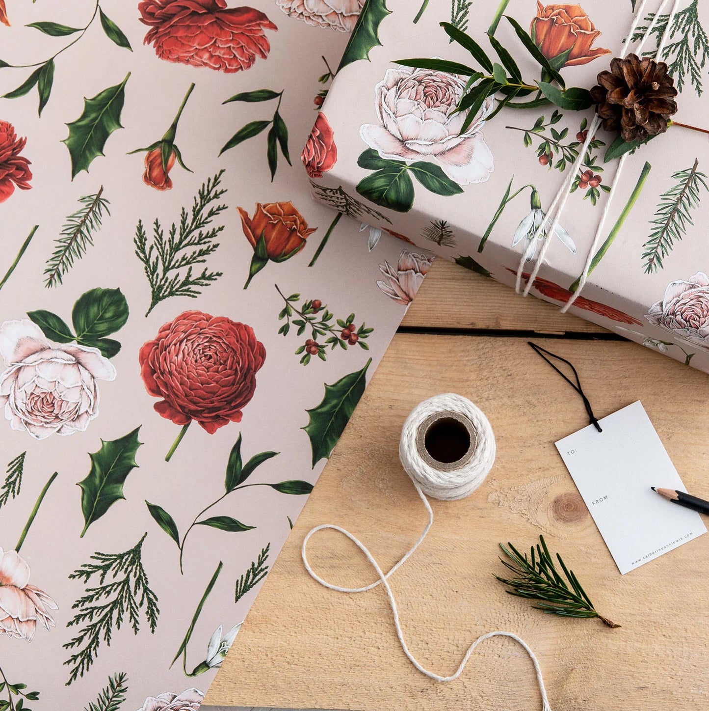 Berry Roses - Pink Christmas Gift Wrap - Hollow Way Home