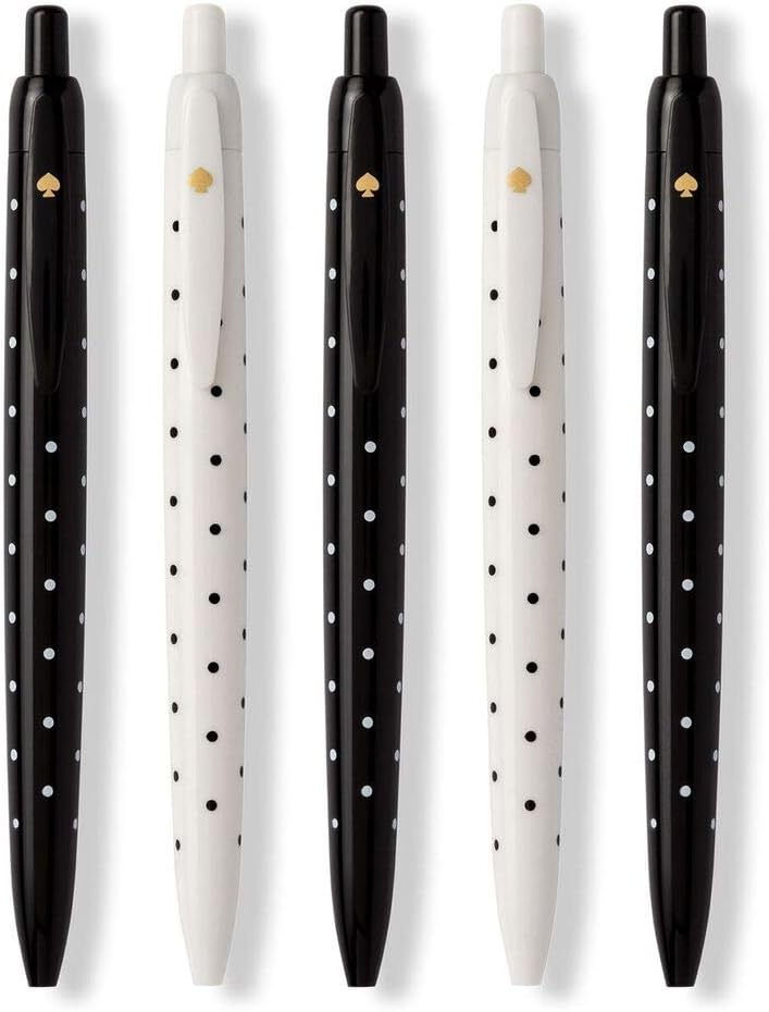 Kate Spade New York Black Ink Pen Set of 5, Polka Dot Retractable Pens, Cute Plastic Click Pens, Black Dots - Hollow Way Home