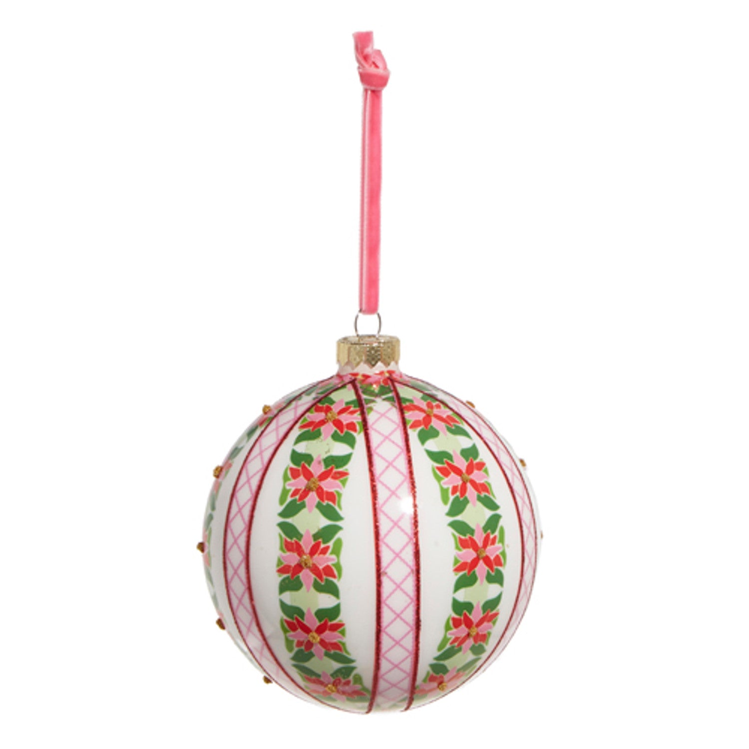 Raz 5" Poinsettia Stripe Glass Ball Christmas Ornament - Hollow Way Home