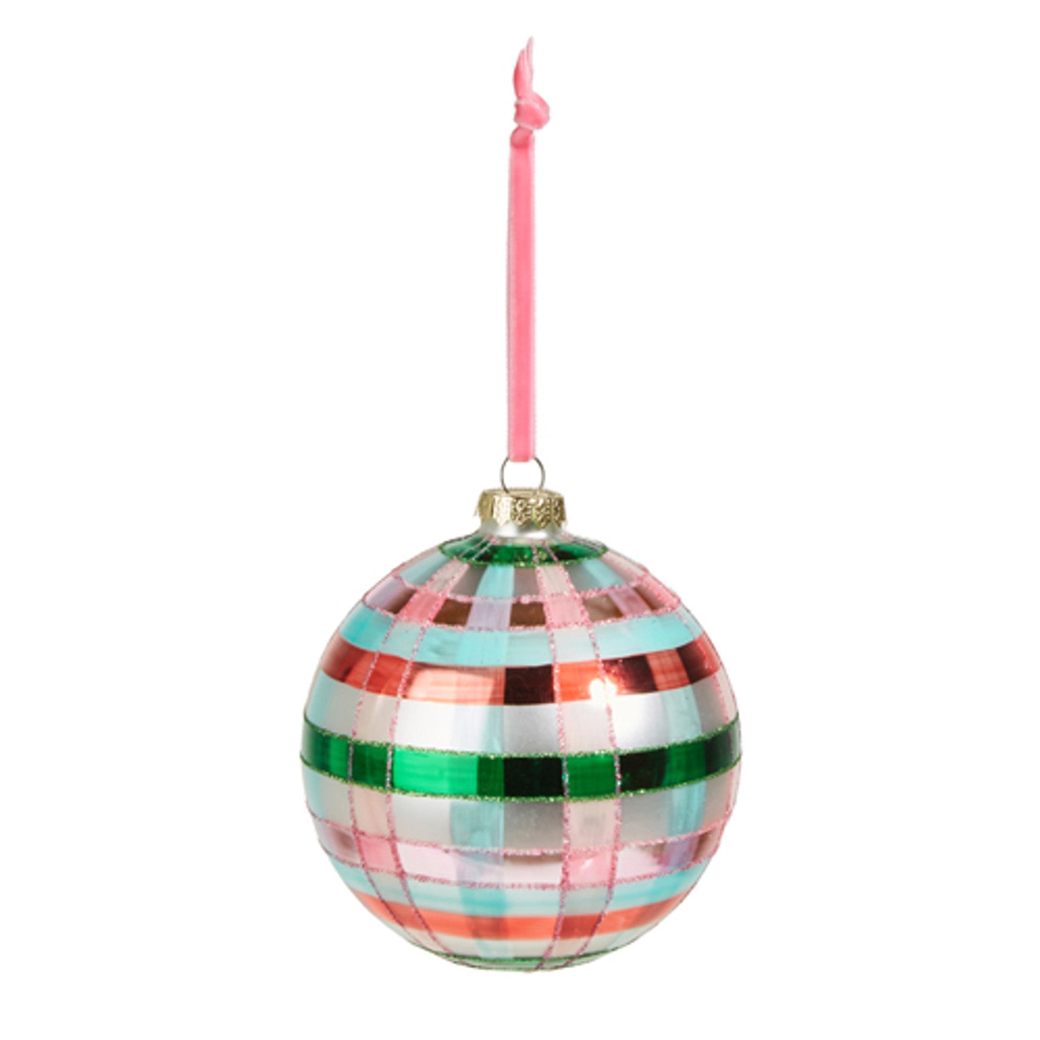 Raz 5" Pink and Green Plaid Ball Glass Christmas Ornament - Hollow Way Home